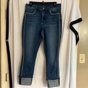 Embellished denim crops with wide cuff flair